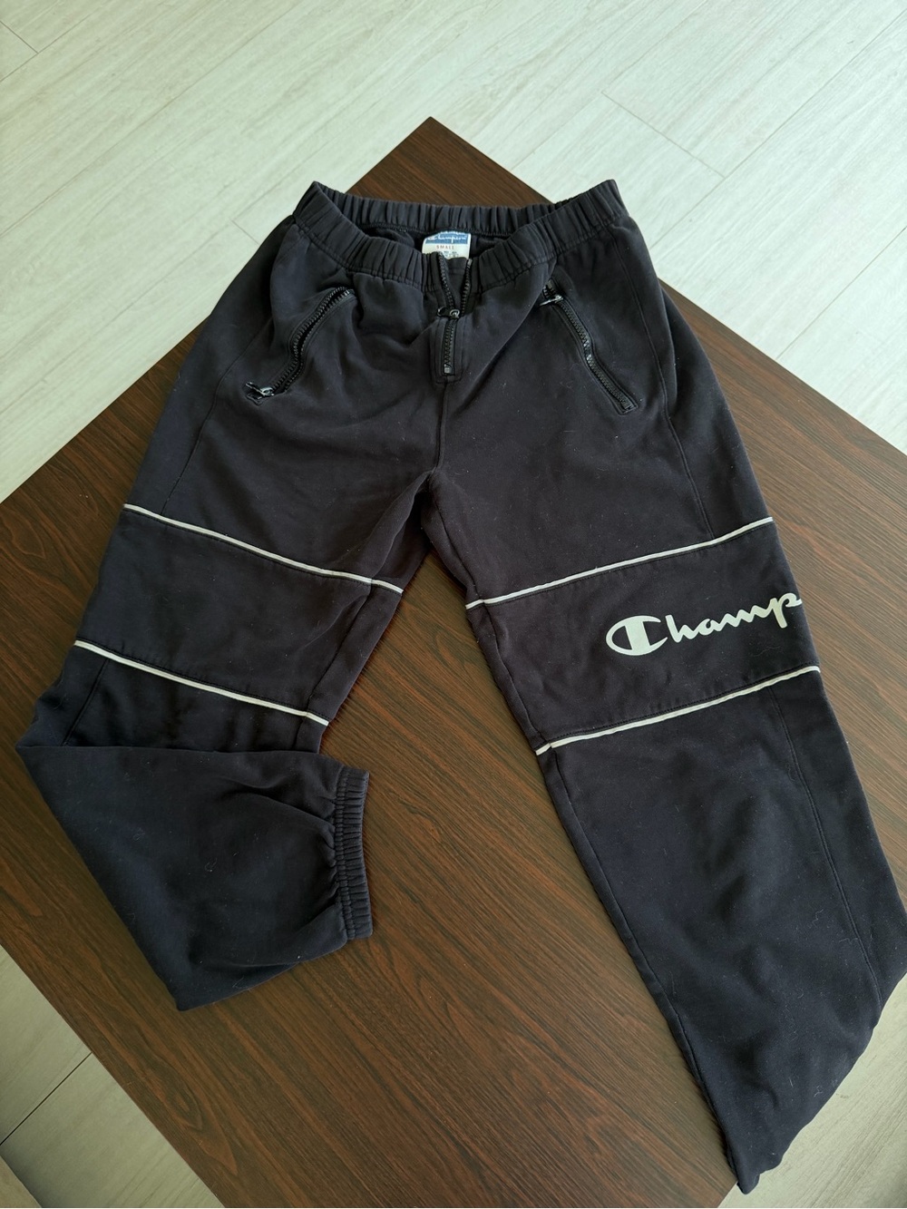 Champion Black Sweatpants with White Logo & Piping